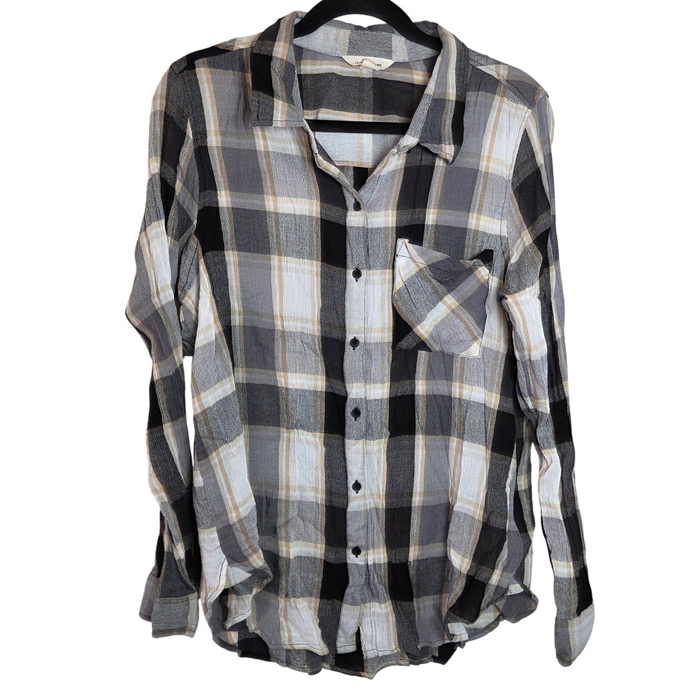 Lucky Brand Plaid Button Up Shirt Crinkled Gauze Relaxed Fit Top